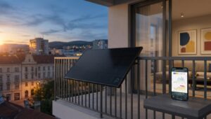 Lidl Parkside solarni panel na balkonu i pametni telefon s aplikacijom za praćenje uštede energije