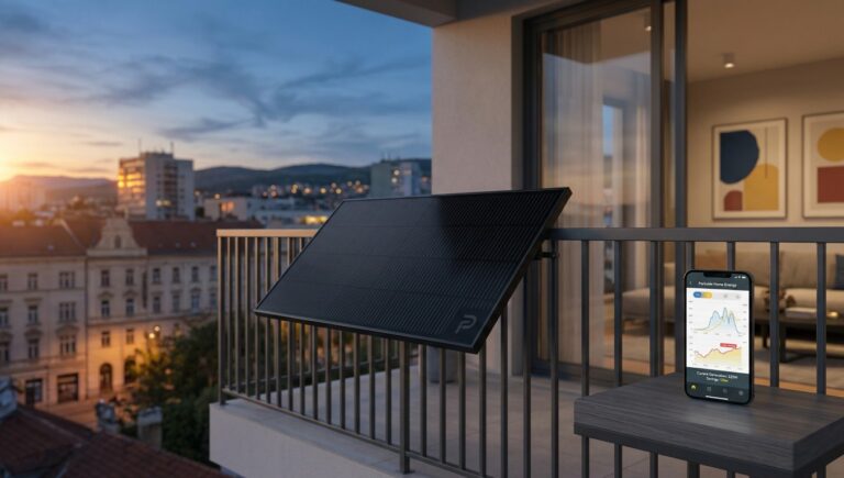 Lidl Parkside solarni panel na balkonu i pametni telefon s aplikacijom za praćenje uštede energije