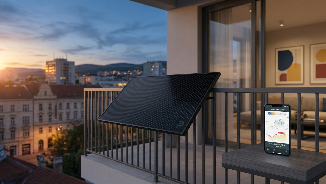 Lidl Parkside solarni panel na balkonu i pametni telefon s aplikacijom za praćenje uštede energije