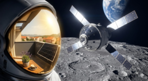 NASA Orion letjelica iznad Mjeseca s odsjajem sunčanog balkona u viziru astronauta