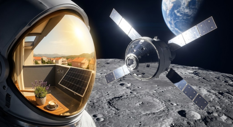 NASA Orion letjelica iznad Mjeseca s odsjajem sunčanog balkona u viziru astronauta