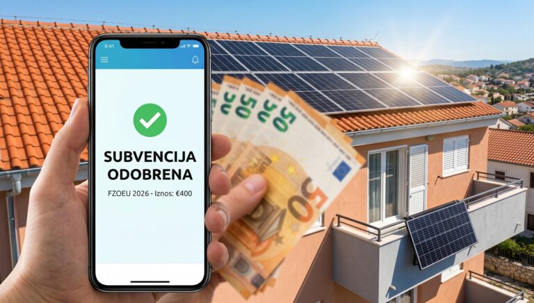 Pametni telefon s aplikacijom "Subvencija Odobrena" i ruka s novcem ispred solarnih panela pod suncem, vodič kroz FZOEU poticaje 2026.